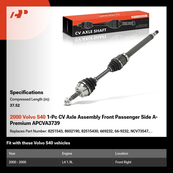 2000 Volvo S40 1-Pc CV Axle Assembly Front Passenger Side A-Premium APCVA3739