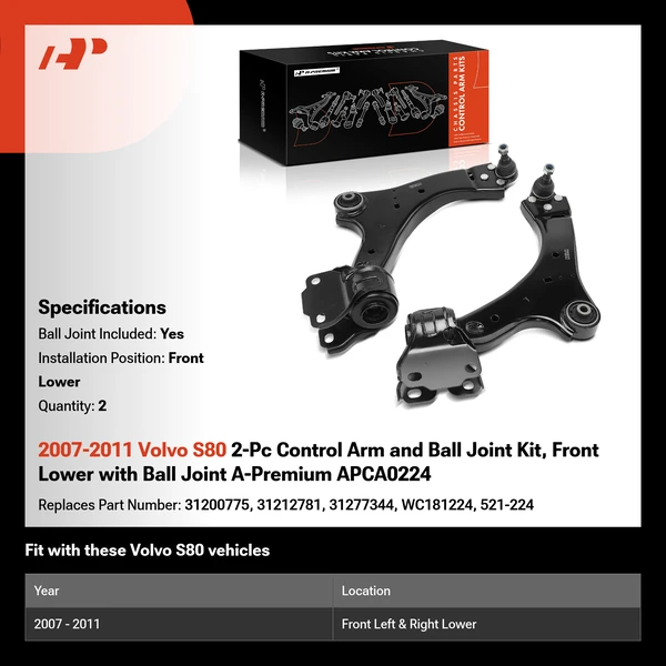2007-2011 Volvo S80 2-Pc Control Arm and Ball Joint Kit, Front Lower with Ball Joint A-Premium APCA0224