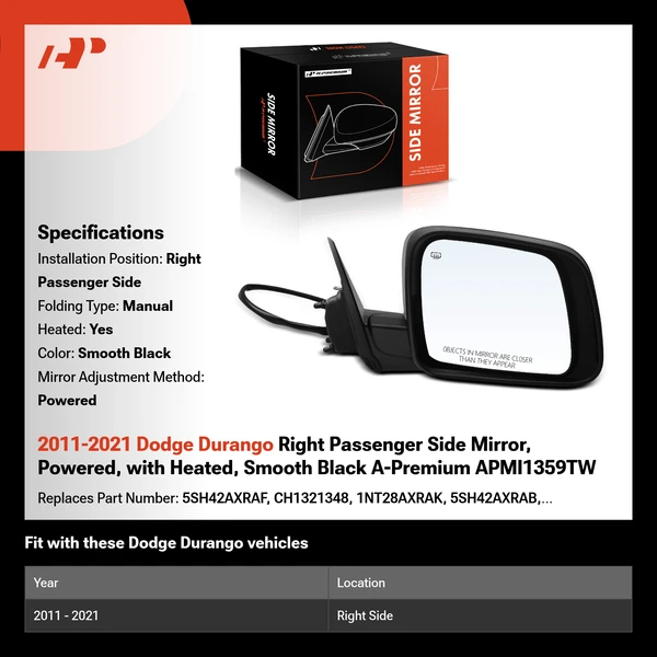 2011-2021 Dodge Durango Right Passenger Side Mirror, Powered, with Heated, Smooth Black A-Premium APMI1359TW