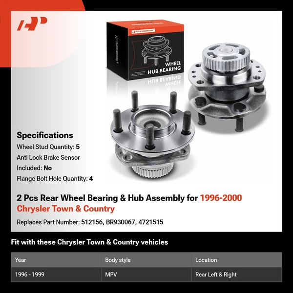 2 Pcs Rear Wheel Bearing & Hub Assembly for 1996-2000 Chrysler Town & Country