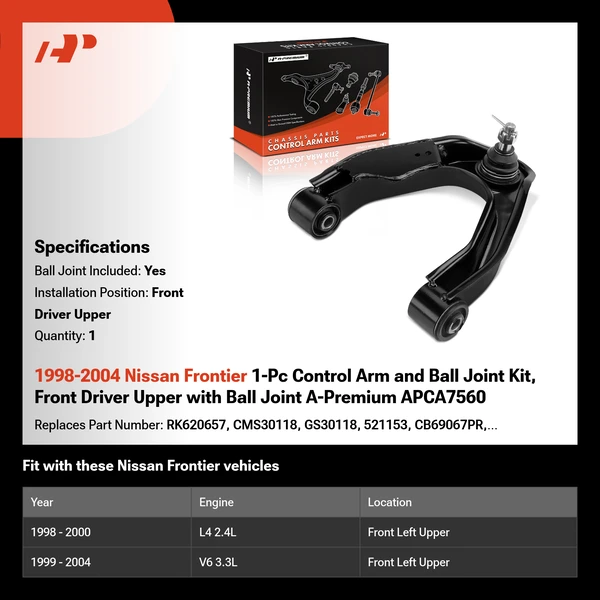 1998-2004 Nissan Frontier 1-Pc Control Arm and Ball Joint Kit, Front Driver Upper with Ball Joint A-Premium APCA7560