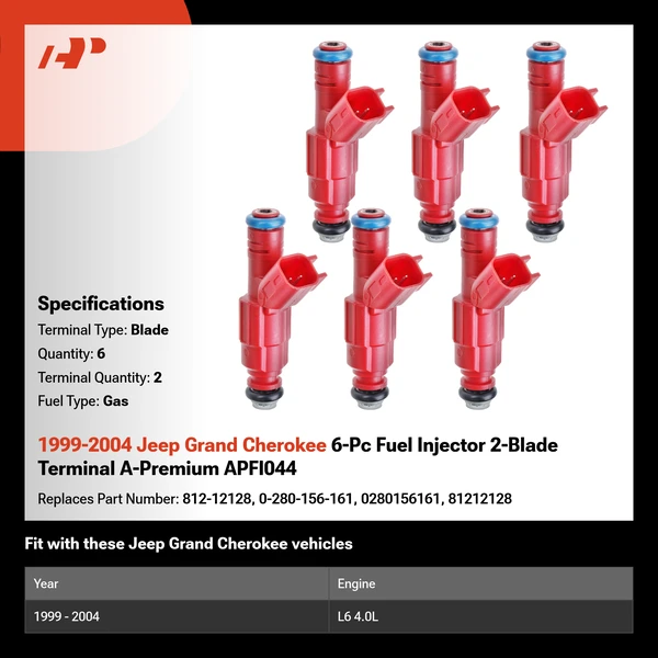 1999-2004 Jeep Grand Cherokee 6-Pc Fuel Injector 2-Blade Terminal A-Premium APFI044