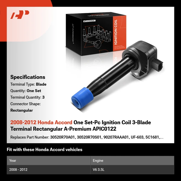 2008-2012 Honda Accord One Set-Pc Ignition Coil 3-Blade Terminal Rectangular A-Premium APIC0122