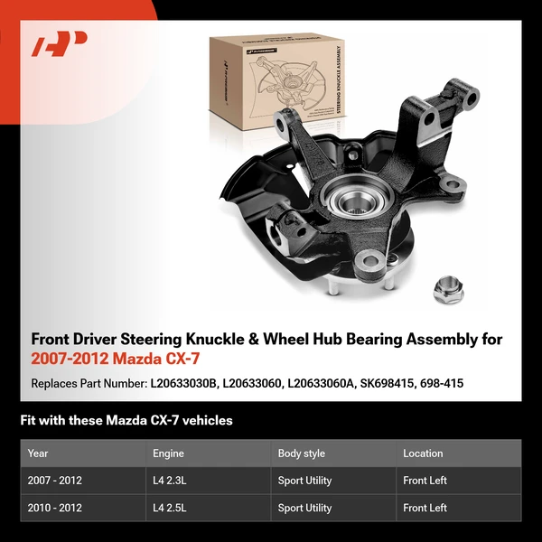 Front Driver Steering Knuckle & Wheel Hub Bearing Assembly for 2007-2012 Mazda CX-7