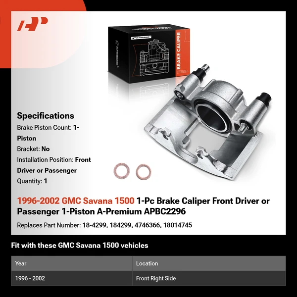 1996-2002 GMC Savana 1500 1-Pc Brake Caliper Front Driver or Passenger 1-Piston A-Premium APBC2296