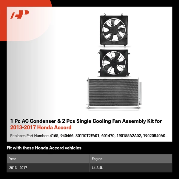 1 Pc AC Condenser & 2 Pcs Single Cooling Fan Assembly Kit for 2013-2017 Honda Accord