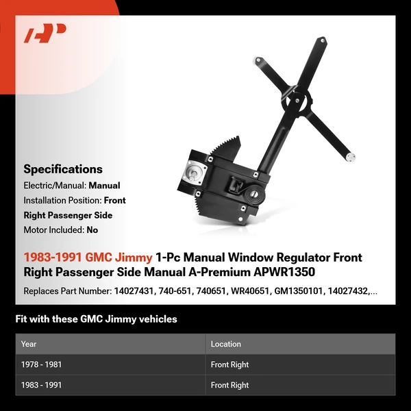 1983-1991 GMC Jimmy 1-Pc Manual Window Regulator Front Right Passenger Side Manual A-Premium APWR1350