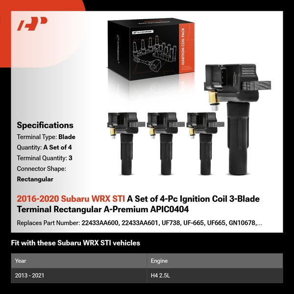 2016-2020 Subaru WRX STI A Set of 4-Pc Ignition Coil 3-Blade Terminal Rectangular A-Premium APIC0404