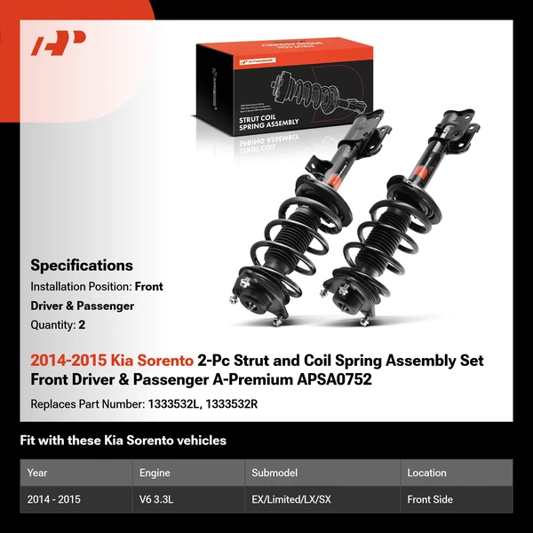 2014-2015 Kia Sorento 2-Pc Strut and Coil Spring Assembly Set Front Driver & Passenger A-Premium APSA0752