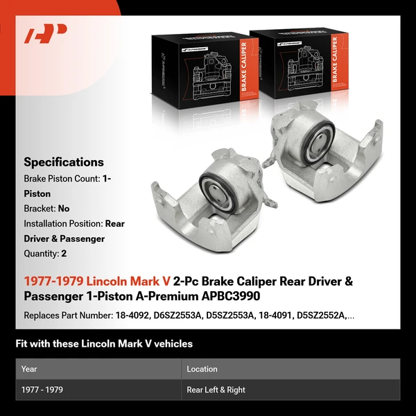 1977-1979 Lincoln Mark V 2-Pc Brake Caliper Rear Driver & Passenger 1-Piston A-Premium APBC3990