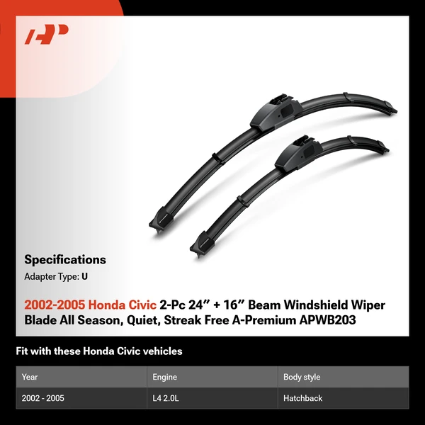 2002-2005 Honda Civic 2-Pc 24″ + 16″ Beam Windshield Wiper Blade All Season, Quiet, Streak Free A-Premium APWB203