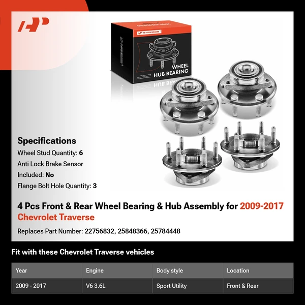 4 Pcs Front & Rear Wheel Bearing & Hub Assembly for 2009-2017 Chevrolet Traverse