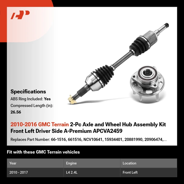 2010-2016 GMC Terrain 2-Pc Axle and Wheel Hub Assembly Kit Front Left Driver Side A-Premium APCVA2459