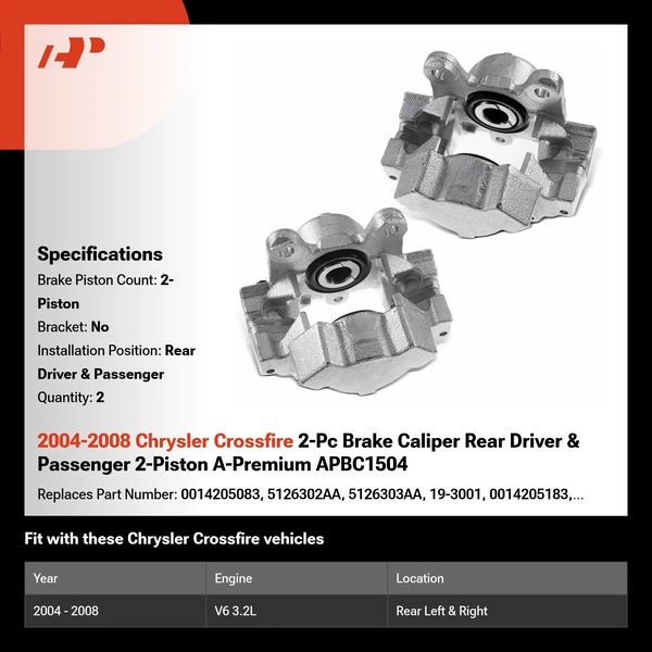 2004-2008 Chrysler Crossfire 2-Pc Brake Caliper Rear Driver & Passenger 2-Piston A-Premium APBC1504