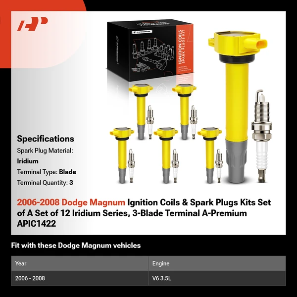 2006-2008 Dodge Magnum Ignition Coils & Spark Plugs Kits Set of A Set of 12 Iridium Series, 3-Blade Terminal A-Premium APIC1422