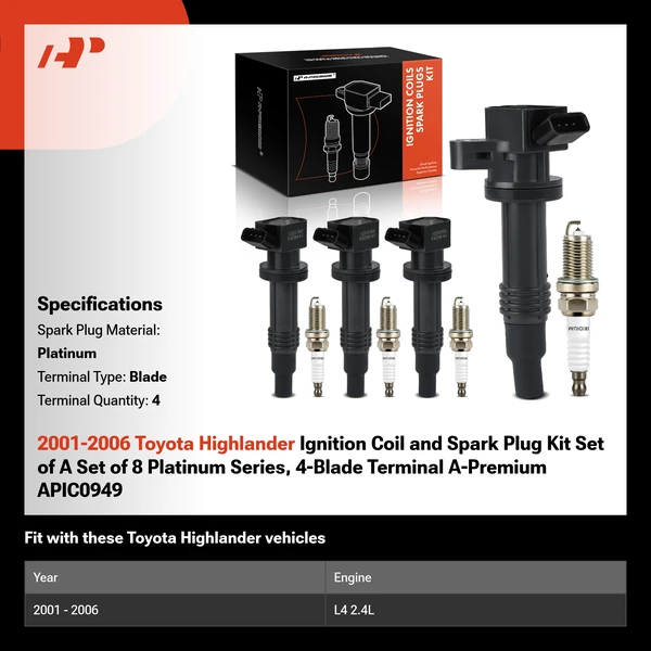 2001-2006 Toyota Highlander Ignition Coil and Spark Plug Kit Set of 8 Platinum Series, 4-Blade Terminal A-Premium APIC0949