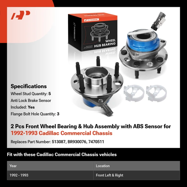 2 Pcs Front Wheel Bearing & Hub Assembly with ABS Sensor for 1992-1993 Cadillac Commercial Chassis