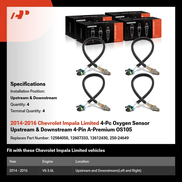 2014-2016 Chevrolet Impala Limited 4-Pc Oxygen Sensor Upstream & Downstream 4-Pin A-Premium OS105