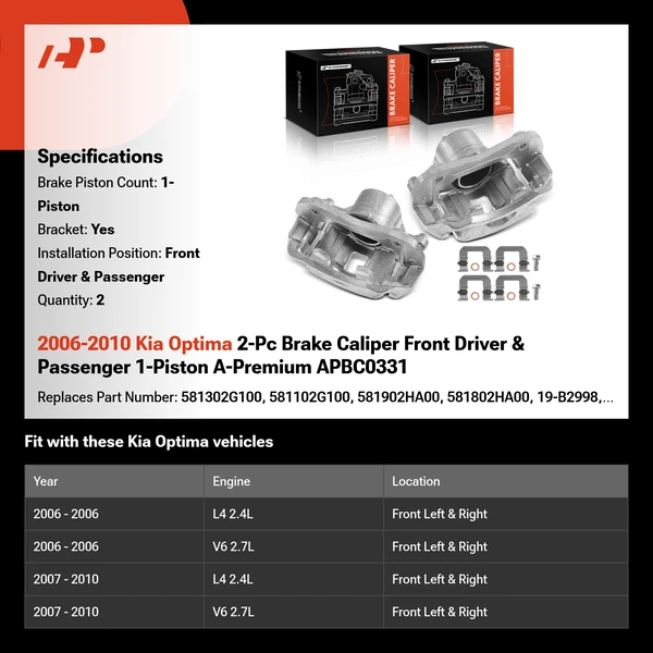 2006-2010 Kia Optima 2-Pc Brake Caliper Front Driver & Passenger 1-Piston A-Premium APBC0331