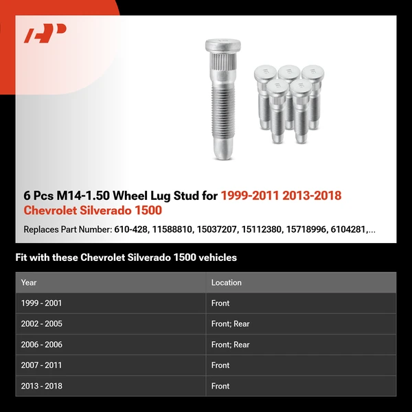6 Pcs M14-1.50 Wheel Lug Stud for 1999-2011 2013-2018 Chevrolet Silverado 1500