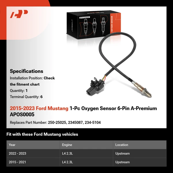 2015-2023 Ford Mustang 1-Pc Oxygen Sensor 6-Pin A-Premium APOS0005