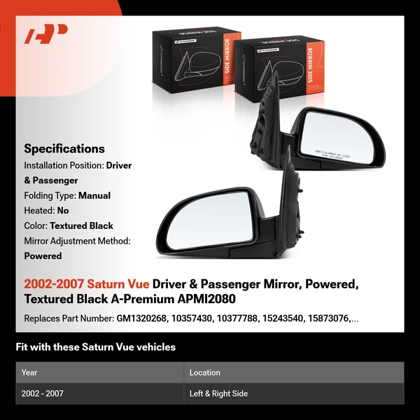 2002-2007 Saturn Vue Driver & Passenger Mirror, Powered, Textured Black A-Premium APMI2080
