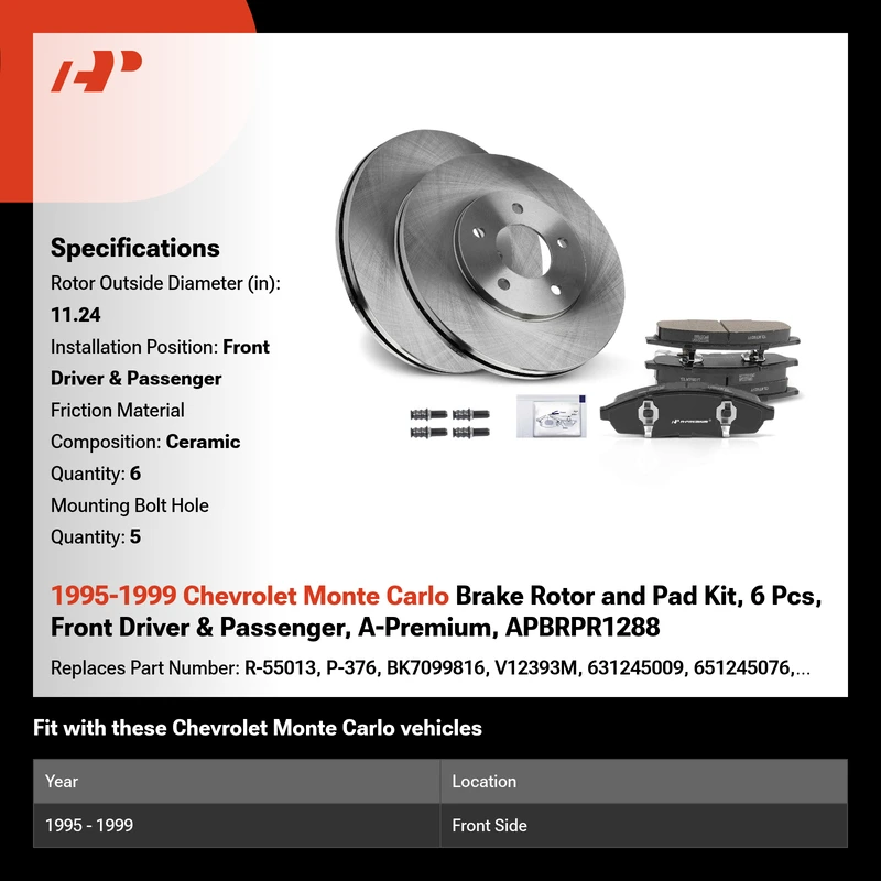 1995-1999 Chevrolet Monte Carlo Brake Rotor and Pad Kit, 6 Pcs, Front Driver & Passenger, A-Premium, APBRPR1288