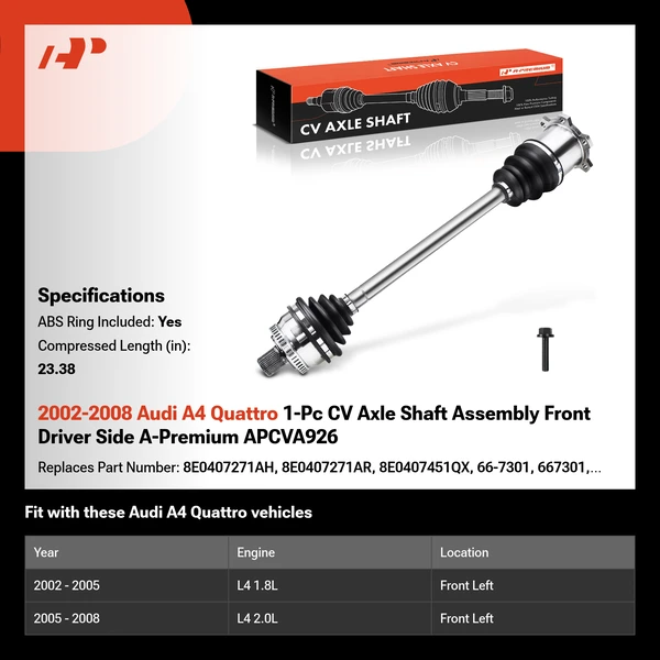 2002-2008 Audi A4 Quattro 1-Pc CV Axle Shaft Assembly Front Driver Side A-Premium APCVA926