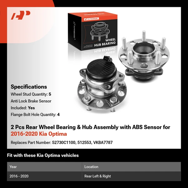 2 Pcs Rear Wheel Bearing & Hub Assembly with ABS Sensor for 2016-2020 Kia Optima