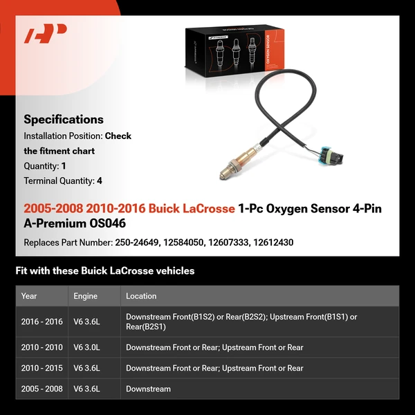 2005-2008 2010-2016 Buick LaCrosse 1-Pc Oxygen Sensor 4-Pin A-Premium OS046