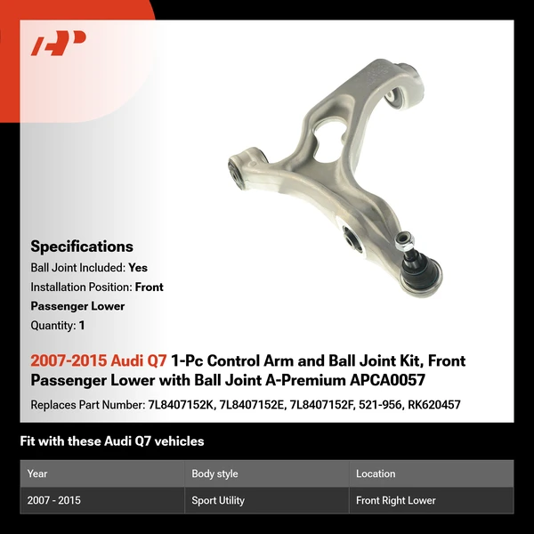 2007-2015 Audi Q7 1-Pc Control Arm and Ball Joint Kit, Front Passenger Lower with Ball Joint A-Premium APCA0057
