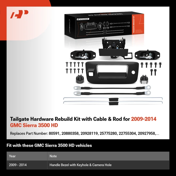 Tailgate Hardware Rebuild Kit with Cable & Rod for 2009-2014 GMC Sierra 3500 HD