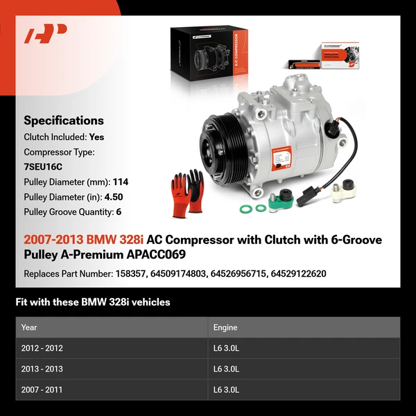 2007-2013 BMW 328i AC Compressor with Clutch with 6-Groove Pulley A-Premium APACC069