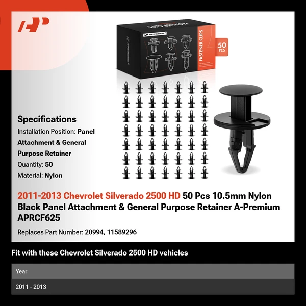 2011-2013 Chevrolet Silverado 2500 HD 50 Pcs 10.5mm Nylon Black Panel Attachment & General Purpose Retainer A-Premium APRCF625