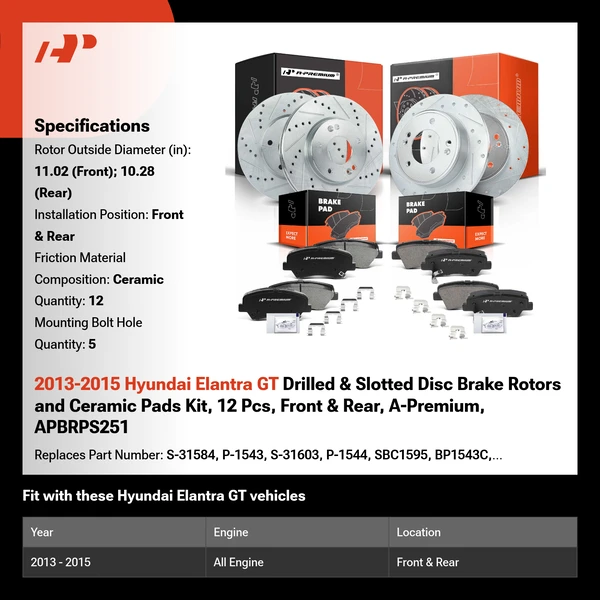 2013-2015 Hyundai Elantra GT Drilled & Slotted Disc Brake Rotors and Ceramic Pads Kit, 12 Pcs, Front & Rear, A-Premium, APBRPS251