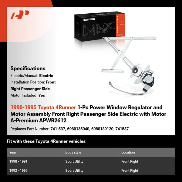 1990-1995 Toyota 4Runner 1-Pc Power Window Regulator and Motor Assembly Front Right Passenger Side Electric with Motor A-Premium APWR2612