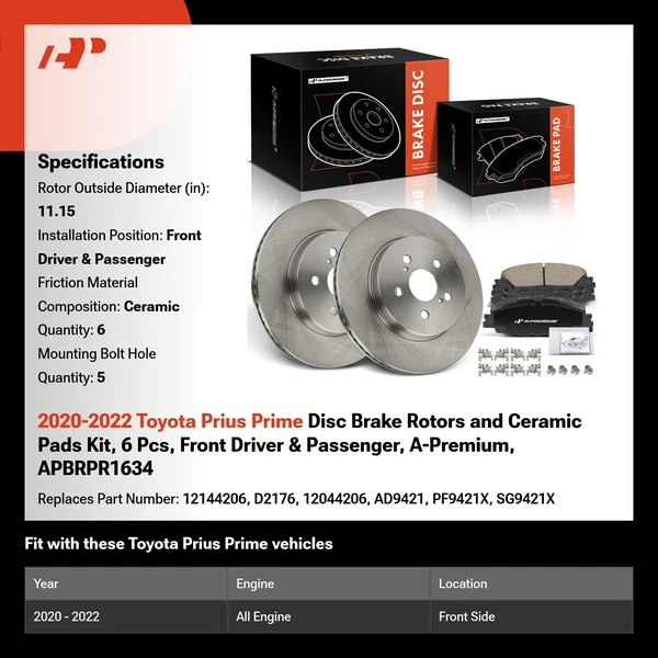 2020-2022 Toyota Prius Prime Disc Brake Rotors and Ceramic Pads Kit, 6 Pcs, Front Driver & Passenger, A-Premium, APBRPR1634