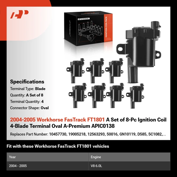 2004-2005 Workhorse FasTrack FT1801 A Set of 8-Pc Ignition Coil 4-Blade Terminal Oval A-Premium APIC0138