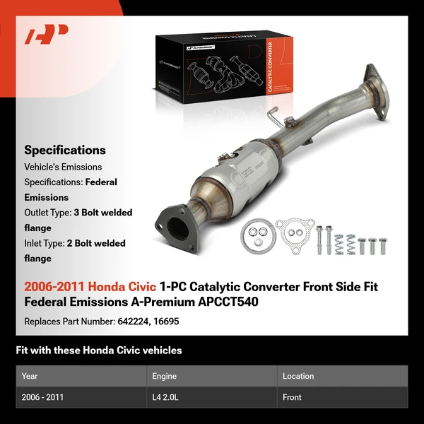 2006-2011 Honda Civic 1-PC Catalytic Converter Front Side Fit Federal Emissions A-Premium APCCT540