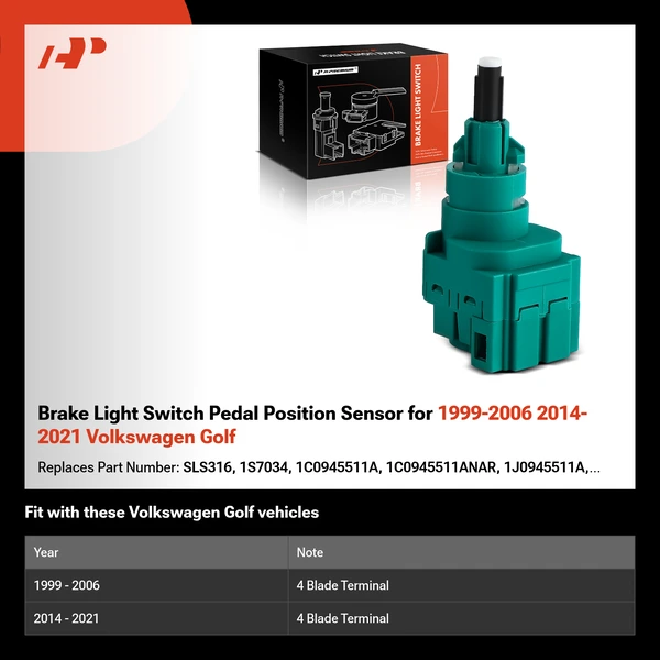 Brake Light Switch Pedal Position Sensor for 1999-2006 2014-2021 Volkswagen Golf
