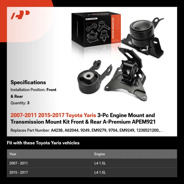 2007-2011 2015-2017 Toyota Yaris 3-Pc Engine Mount and Transmission Mount Kit Front & Rear A-Premium APEM921