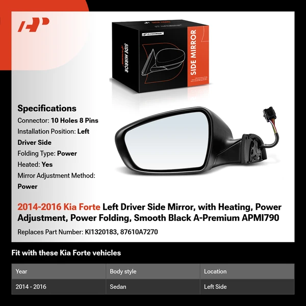 2014-2016 Kia Forte Left Driver Side Mirror, with Heating, Power Adjustment, Power Folding, Smooth Black A-Premium APMI790