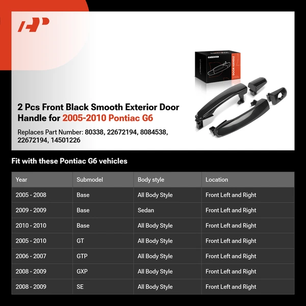 2 Pcs Front Black Smooth Exterior Door Handle for 2005-2010 Pontiac G6