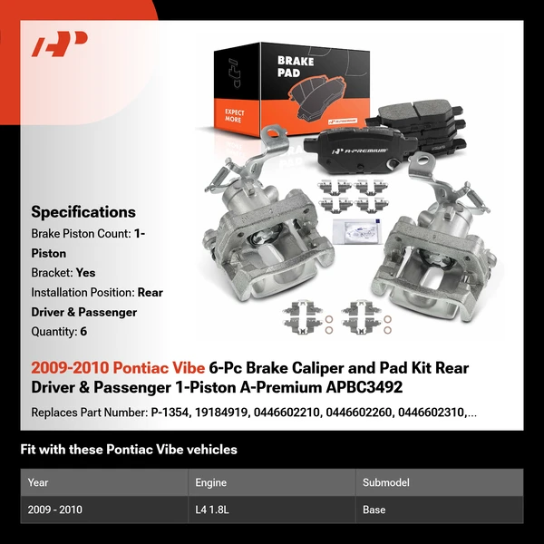 2009-2010 Pontiac Vibe 6-Pc Brake Caliper and Pad Kit Rear Driver & Passenger 1-Piston A-Premium APBC3492