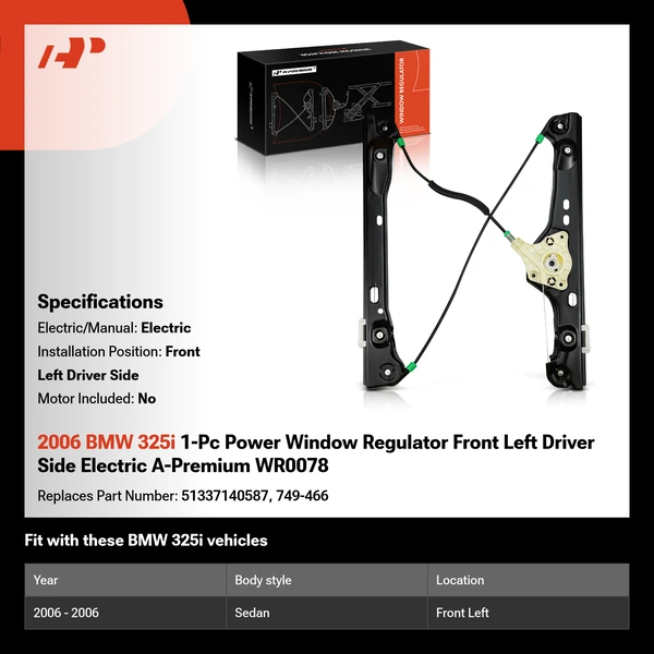 2006 BMW 325i 1-Pc Power Window Regulator Front Left Driver Side Electric A-Premium WR0078