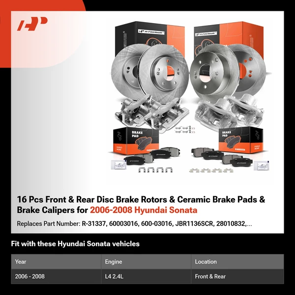 16 Pcs Front & Rear Disc Brake Rotors & Ceramic Brake Pads & Brake Calipers for 2006-2008 Hyundai Sonata