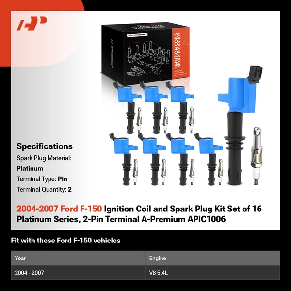 2004-2007 Ford F-150 Ignition Coil and Spark Plug Kit Set of 16 Platinum Series, 2-Pin Terminal A-Premium APIC1006