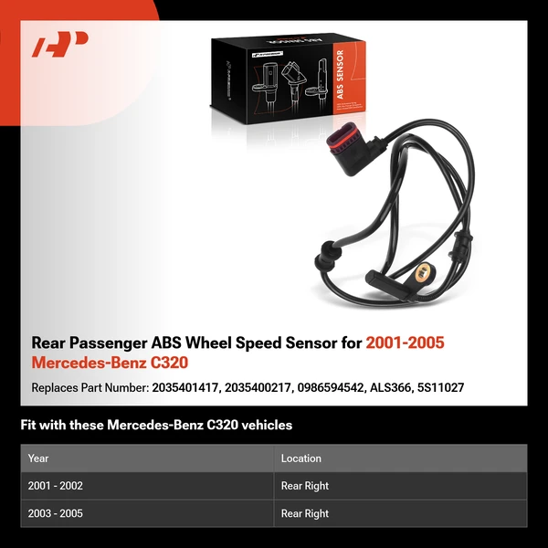 Rear Passenger ABS Wheel Speed Sensor for 2001-2005 Mercedes-Benz C320