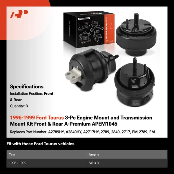 1996-1999 Ford Taurus 3-Pc Engine Mount and Transmission Mount Kit Front & Rear A-Premium APEM1045