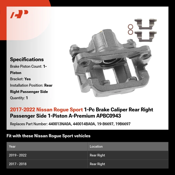 2017-2022 Nissan Rogue Sport 1-Pc Brake Caliper Rear Right Passenger Side 1-Piston A-Premium APBC0943